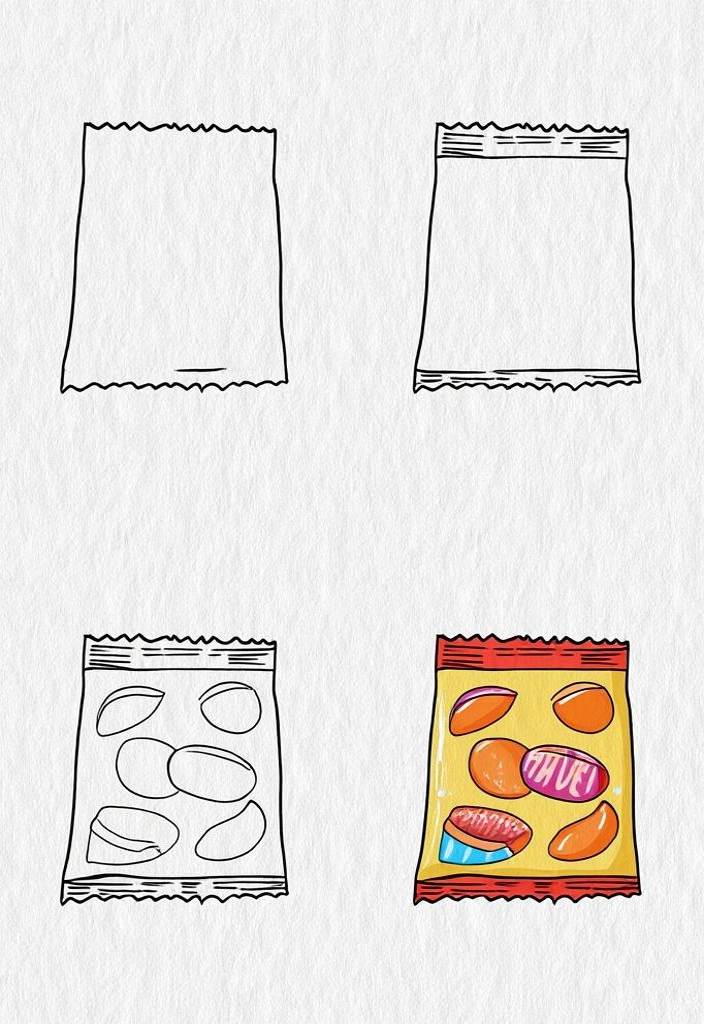 零感的笔尖 零食包装袋子简笔画与预包装食品的解析